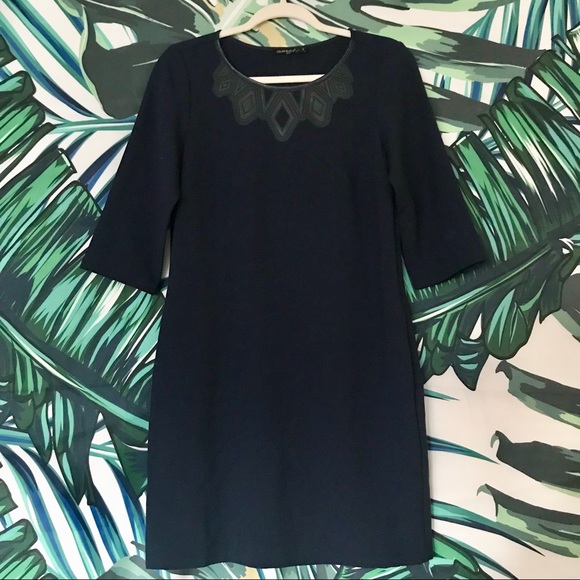 Navy Blue 3/4 Sleeve Dress with Leather Detail - Picture 2 of 5